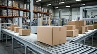 Cardboard boxes move along roller conveyor belts inside a large distribution warehouse.