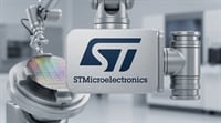 STMicroelectronics logo on a metal panel beside a robotic arm holding a semiconductor wafer in a cleanroom setting.