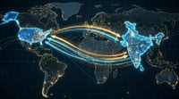 A stylized world map highlights bilateral trade or data flow arrows between the United States and India.