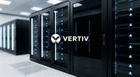 Vertiv logo overlaid on a row of black server racks in a data center.