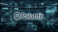Palantir Technologies logo displayed against a dark background with data analytics dashboards and world maps.
