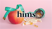 Hims logo overlaid on an apple, measuring tape, and assorted supplement capsules on a pink background.