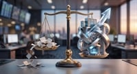 A balance scale weighs coins and documents against a rising arrow and building, set in a trading office.