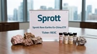 Sprott sign promoting the Sprott Rare Earths Ex-China ETF, ticker REXC, displayed alongside mineral rock samples and vials of rare earth oxides and powder.