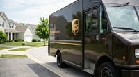 A UPS delivery truck marked "Worldwide Services" parked on a residential street.
