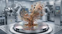 A conceptual illustration of a tree made from circuit board components rising from a semiconductor wafer in a chip fabrication facility.