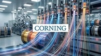 Corning logo overlaid on an industrial facility manufacturing fiber optic cables on spools.