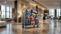 A hotel luggage cart loaded with colorful tagged luggage sits in a modern hotel lobby, reflecting an increase in travel demand.