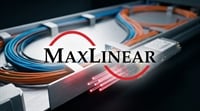 MaxLinear logo overlaid on a close-up of fiber optic cables and network wiring hardware.