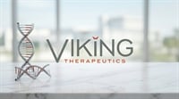 Viking Therapeutics logo displayed alongside a decorative DNA double helix model on a marble surface.