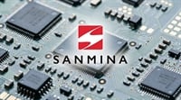 Sanmina Corporation logo overlaid on a close-up photograph of a printed circuit board with microchips.