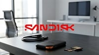 SanDisk logo displayed above a SanDisk Extreme portable SSD, cable, and memory cards on a desk.
