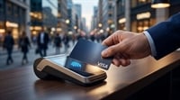 A hand taps a Visa card on a contactless payment terminal at a busy urban retail counter.