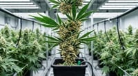 Cannabis plants in flowering stage growing under artificial lights in an indoor cultivation facility.