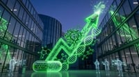 Illustration showing a glowing green upward arrow alongside DNA strands, a pill capsule, and molecular structures outside a modern office building.