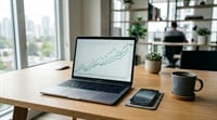 A laptop displaying an upward-trending multi-line stock chart sits on a wooden desk beside a coffee mug and smartphone.