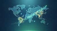 Digital world map overlaid with glowing green financial charts and upward-trending arrows highlighting global markets.
