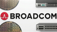 Broadcom logo displayed alongside semiconductor wafers and network switching hardware products.