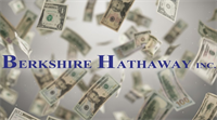 Berkshire Hathaway Inc. name displayed over a background of scattered U.S. currency bills.