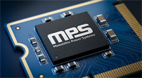 A Monolithic Power Systems branded semiconductor chip mounted on a blue circuit board.
