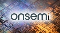 The onsemi logo displayed over a close-up background of a semiconductor wafer.