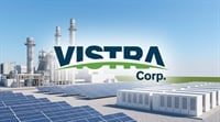 Vistra Corp. logo overlaid on a composite image showing solar panels, battery storage units, and a natural gas power plant.