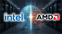 Intel and AMD logos displayed side by side against a stylized processor and data center background.