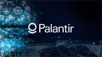 Palantir Technologies logo displayed against a dark blue background with abstract data network graphics.