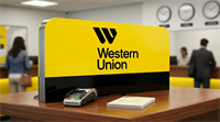 A Western Union service counter with a yellow logo sign, payment terminal, and customers in the background.