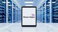 Western Digital logo displayed on a tablet screen in front of a data center server room.
