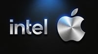 Intel and Apple logos displayed together against a dark metallic background.