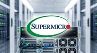 Supermicro logo displayed in front of rack-mounted servers inside a data center.