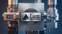 Lam Research logo displayed on a metallic panel resembling semiconductor manufacturing equipment.