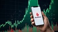 A hand holds a smartphone displaying the Backblaze logo against a green stock price chart background.