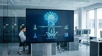 A display screen in a tech office shows an AI-connected oil and gas infrastructure diagram.