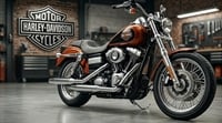 A Harley-Davidson motorcycle with chrome detailing is displayed in a garage alongside the company's logo.