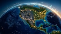 Satellite night view of North America overlaid with financial charts and bar graphs.