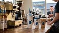 Dutch Bros branded cups and Rebel syrup bottles sit on a counter inside a Dutch Bros coffee location.