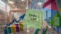 A composite image featuring a "Small Cap" label overlaid on an industrial facility backdrop with financial charts.