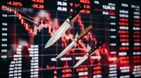 Three kitchen knives overlaid on a red stock market ticker board showing sharp price declines.