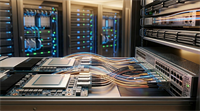 Server hardware with multiple processors and high-density cables inside a data center facility.