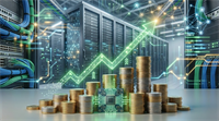Stacks of coins and a glowing green upward arrow overlay a data center server room.