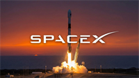 SpaceX logo overlaid on a Falcon 9 rocket launching from a coastal pad at sunset.