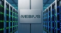 Nebius Group logo displayed on a metal plaque inside a data center with illuminated server racks.