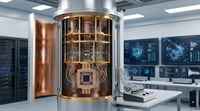 A quantum computer with layered gold and copper components sits open in a research laboratory setting.