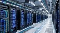 Rows of server racks with multicolored cables fill a large commercial data center facility.