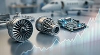 Aerospace engine components and a circuit board are displayed alongside an upward-trending stock chart line.