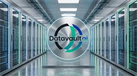 Datavault AI logo displayed on a circular metallic sign inside a server room.
