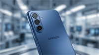 Rear view of a blue Samsung Galaxy A07 4G smartphone showing a triple-camera array and Samsung branding.