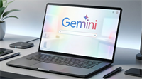 A laptop on a desk displays the Google Gemini AI interface with a search bar.
